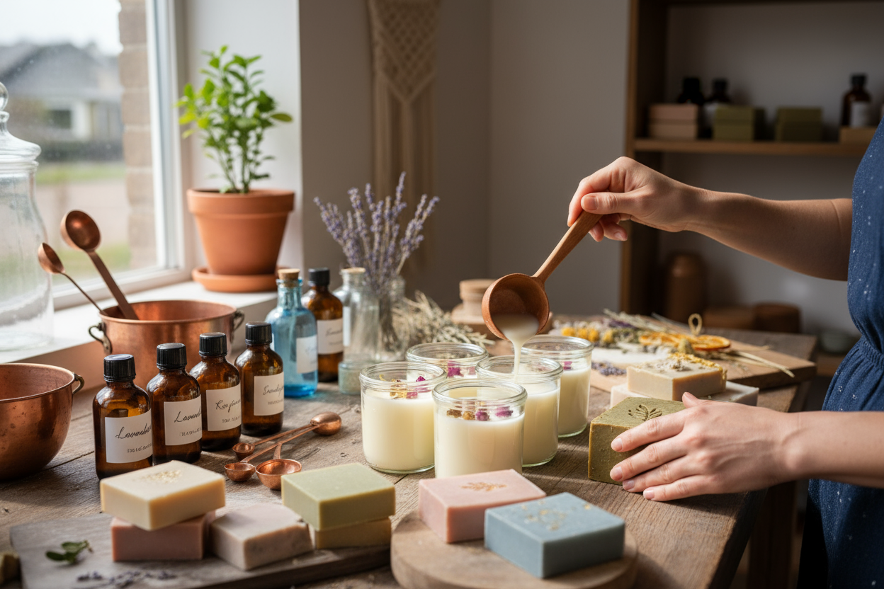Hands of a woman who is creating aroma beautiful candles and luxury soaps 