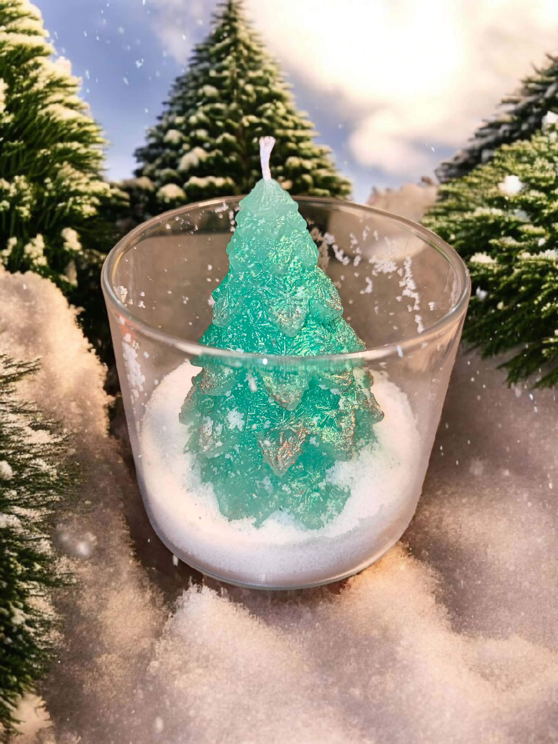Handgemachte Weihnachtskerze mit Tannenbaum im Schnee – Winterdeko mit Duft nach Baumwolle & Weihnachtskranz