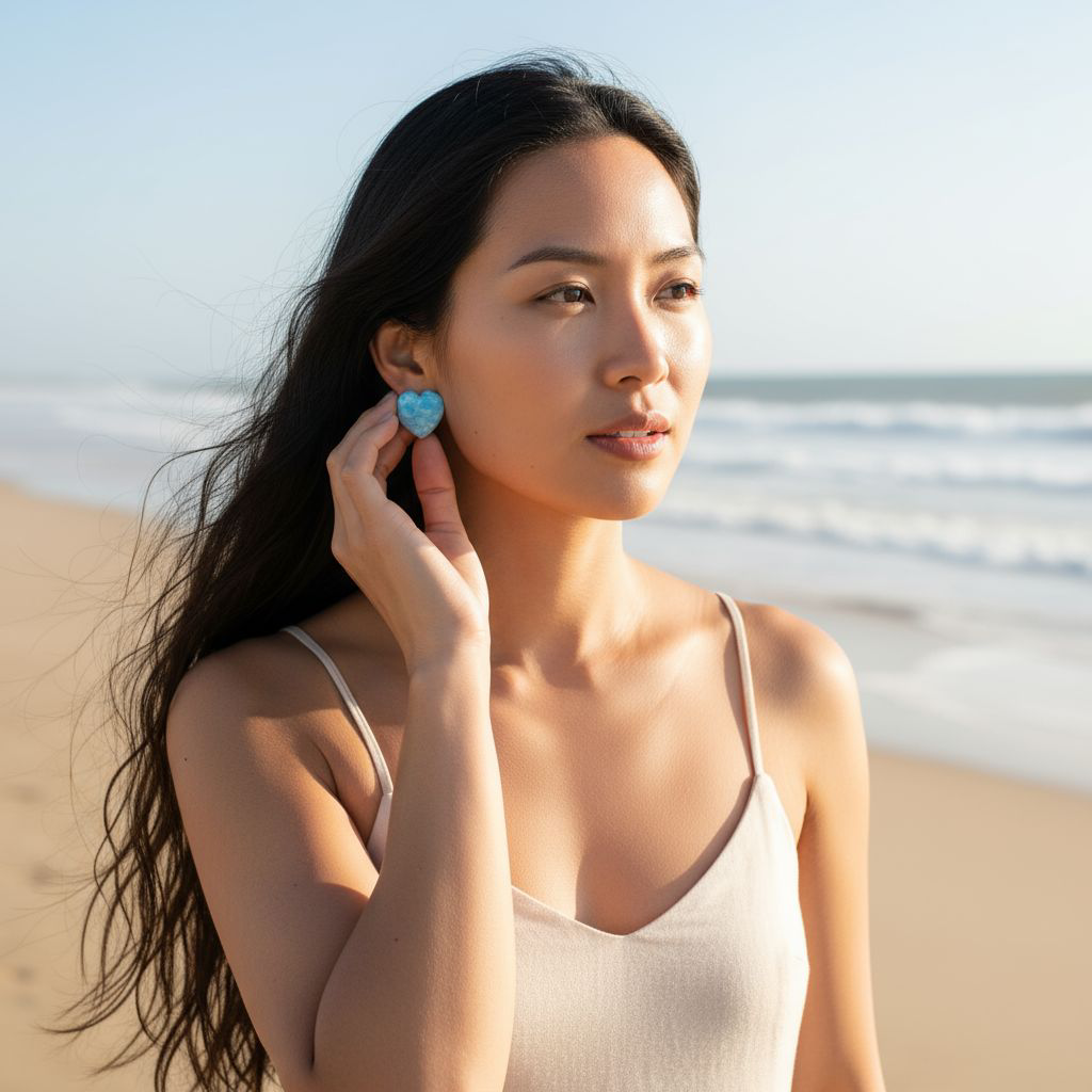 Handgemachte Herz-Ohrringe in Himmelblau – Sanfter Wellen-Look für einen maritimen Boho-Stil