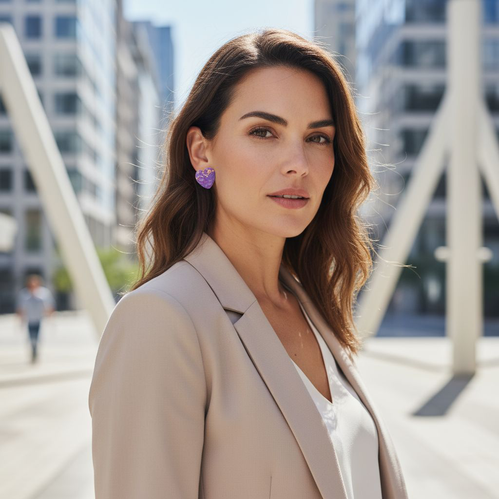 Handgemachte Herz-Ohrringe in Violett mit Sandlinien – Eleganter Boho-Schmuck mit natürlicher Harmonie