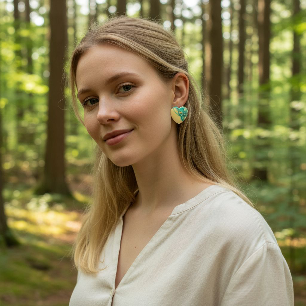 Handgemachte Herz-Ohrringe in Banana & Emerald – Natürlich eleganter Boho-Schmuck