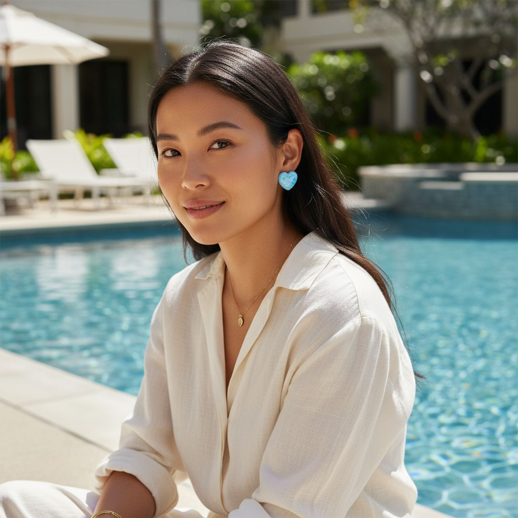 Handgemachte Herz-Ohrringe in Himmelblau – Sanfter Wellen-Look für einen maritimen Boho-Stil