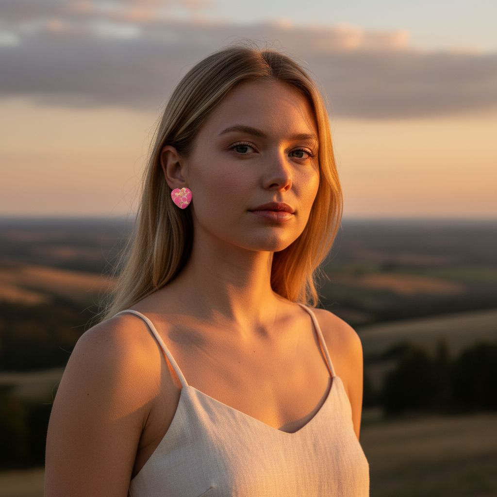 Handgemachte Herz-Ohrringe in Rosa mit goldgelben Linien – Zarter Boho-Schmuck mit edlem Glanz