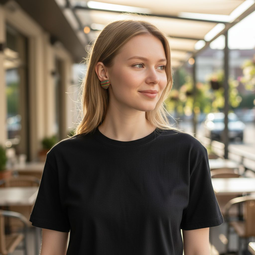Handgemachte Herz-Ohrringe mit bunten Linien – Boho-Schmuck in Blau, Rot, Gelb, Orange & Grün