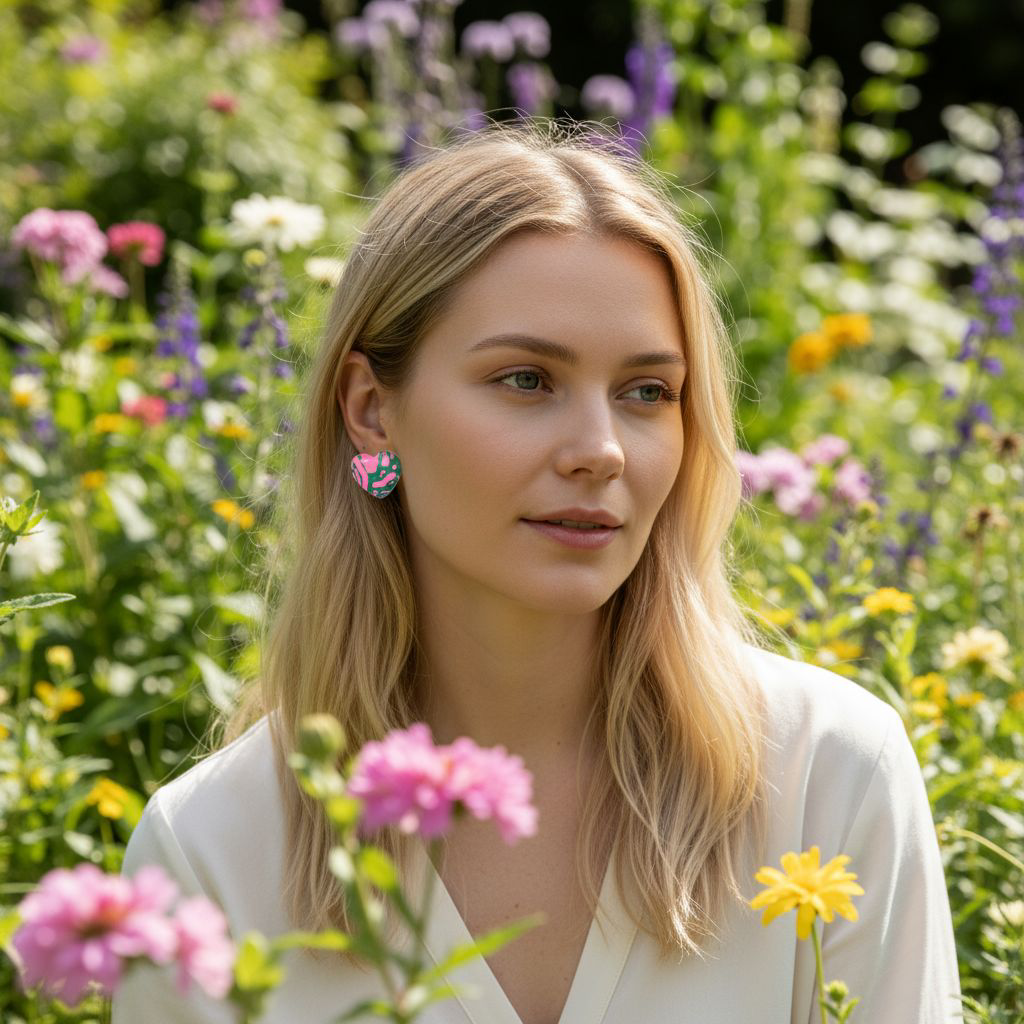 Handgemachte Herz-Ohrringe in Rosa & Smaragdgrün – Femininer Boho-Schmuck mit natürlicher Frische