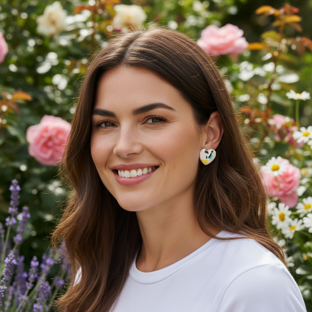 Handgemachte Herz-Ohrringe mit Mosaik-Design – Weiß mit Schwarz, Rosa, Grün & Gelb